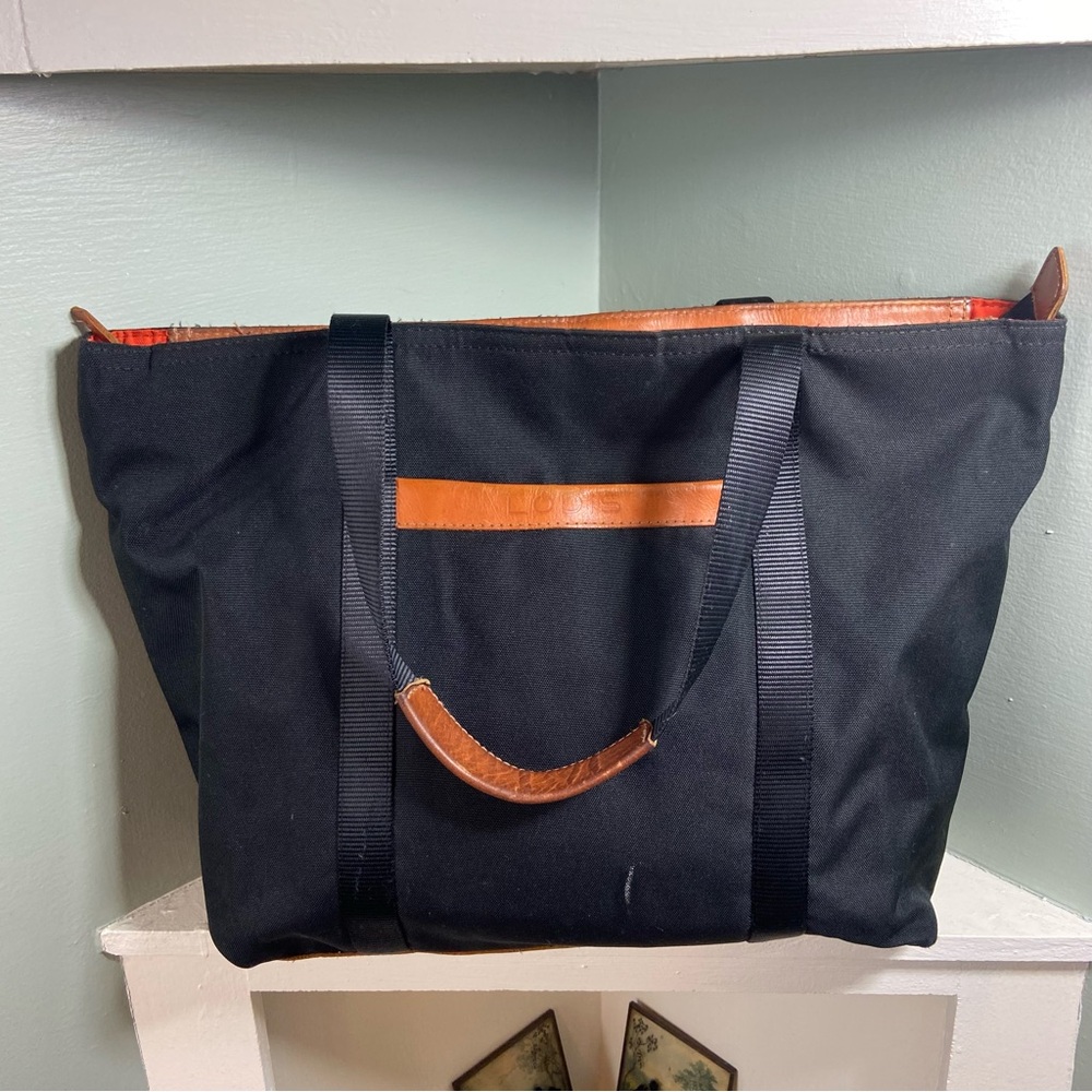 Lodis Black Tan Nylon Canvas Leather Trim Padded Computer Laptop Tote Book Bag